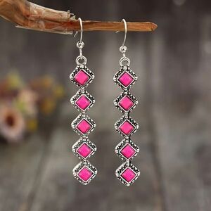 Bohemian Pink Gemstone Accents Iron Hook Long Bar Earrings